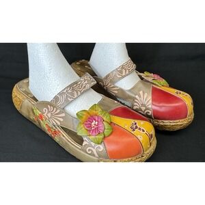 Socofy Women's SZ 10 (41) Colorful Floral Leather Clogs Mules Boho Artsy Hippie